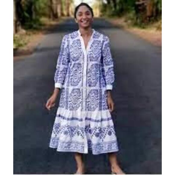 Zara Santorini Floral Embroidered Ruffle Shirt Midi Dress, White/Blue, Size XL - Picture 1 of 12